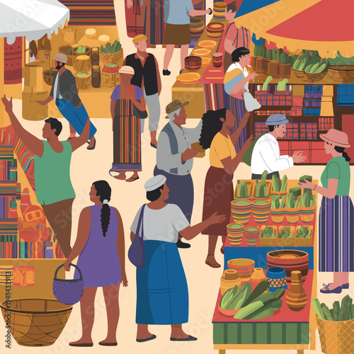 A vibrant outdoor market scene depicts people shopping for fresh produce and colorful handicrafts