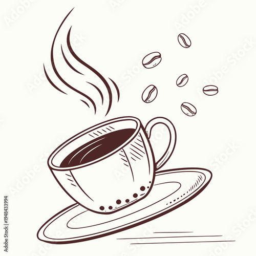 Steaming cup of coffee with saucer and coffee beans around