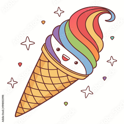 Cartoon rainbow ice cream cone with smiling face
