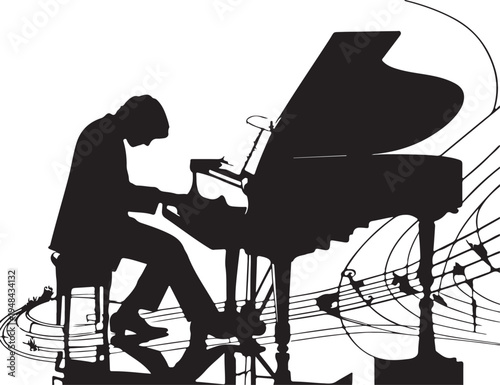 Silhouette of a pianist playing with dynamic swirling musical notes around them