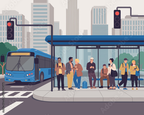 A diverse group of people wait at a modern bus stop in a bustling city environment