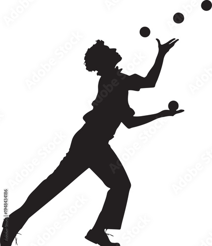 Silhouette of a juggler skillfully balancing three balls in mid-air with focused poise