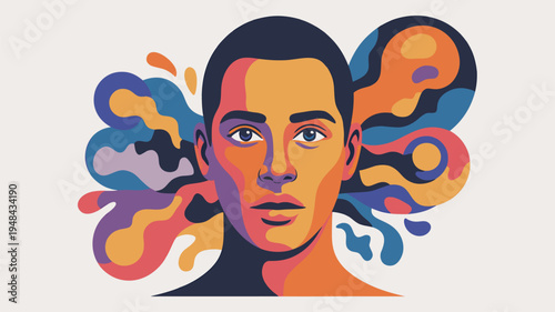 A striking portrait of a young man with vibrant colorful abstract shapes flowing around his head