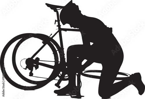 Determined cyclist preparing for a challenging ride with a stationary bike setup