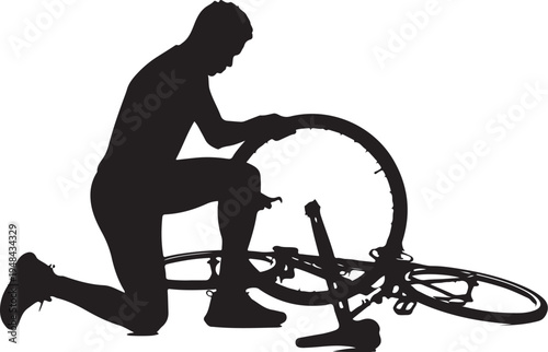A person carefully fixing or adjusting a bicycle wheel in a workshop setting