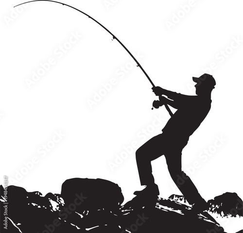 Silhouette of a person engaged in the tranquil act of fishing by a rocky shore