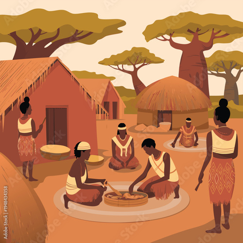 A vibrant illustration depicts a traditional african village scene with people and thatched roof dwellings