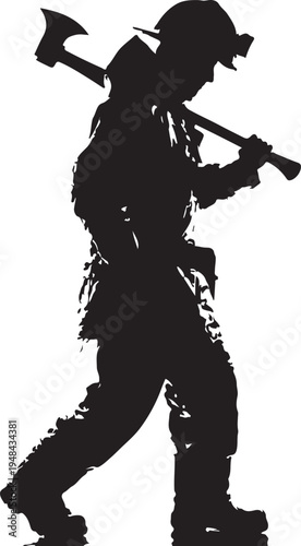 Silhouette of a lumberjack holding an axe and wearing protective gear