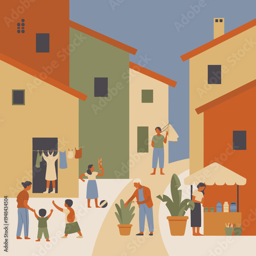 A vibrant illustration depicts a bustling neighborhood scene with people and colorful buildings