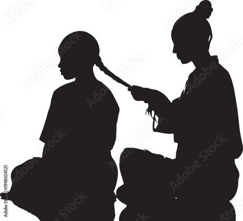 Silhouette of a hairdresser styling a client’s hair in a traditional setting