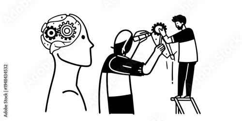 A minimalist black and white illustration showing the process of building human mental cognition