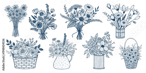 A collection of hand drawn floral sketches featuring various bouquets and flowers in containers