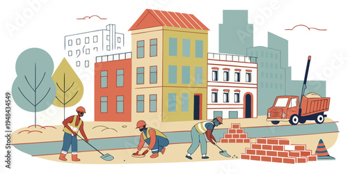 Three construction workers working on a sidewalk in front of city buildings with a dump truck