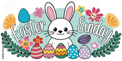 A festive easter sunday illustration featuring a cute white bunny surrounded by colorful eggs