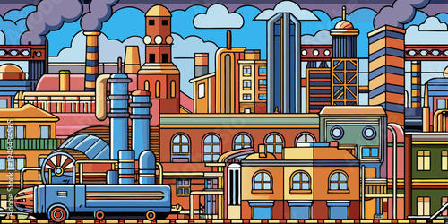 A detailed illustration of a bustling industrial factory complex with smokestacks and buildings
