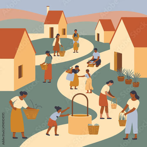 A vibrant illustration depicts women carrying baskets along a winding path in a rural landscape