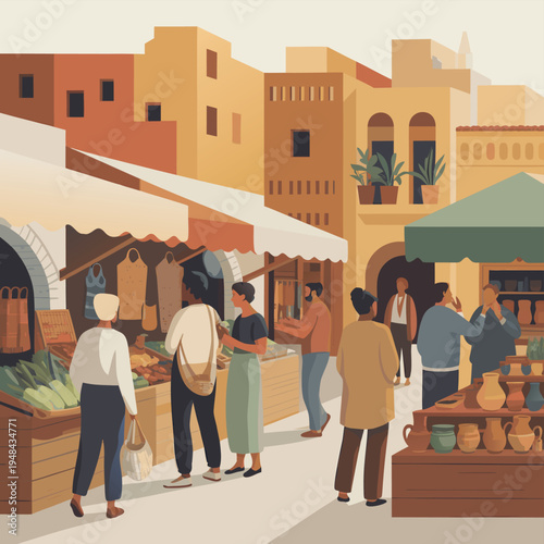 A bustling outdoor market scene depicts vendors and shoppers in a warm mediterranean setting