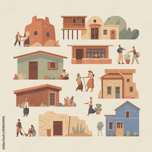 A collection of colorful stylized mediterranean houses and people engaged in daily life activities