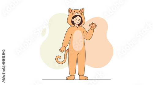 Cheerful Girl in Adorable Orange Cat Costume Waving Hand, Standing Isolated on a Clean White Background with Playful Abstract Shapes