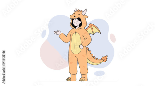Happy Young Person Wearing Cute Orange Dragon Costume and Smiling, Making a Welcoming Gesture, Flat Vector Illustration