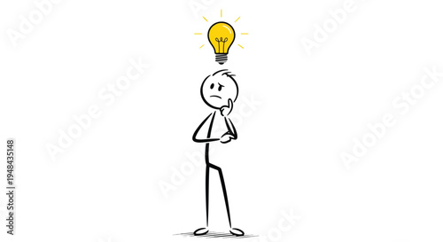 Stick figure thinking with a lightbulb idea concept