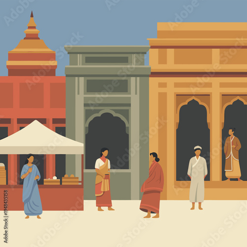 A colorful illustration depicts traditional indian architecture and people in vibrant clothing high quality
