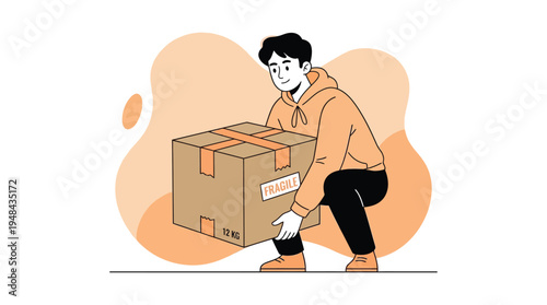 Smiling Young Man Safely Lifting a Fragile Cardboard Box with Proper Technique for Delivery, Moving, or Shipping Services