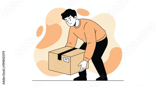 Illustration of a Man Safely Lifting a Cardboard Box, Demonstrating Proper Ergonomics for Moving and Delivery Services