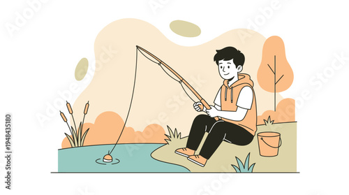 Smiling young fisherman enjoying his hobby, patiently waiting for a catch by the tranquil riverside in a natural setting.