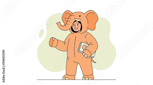Happy Young Woman in Adorable Elephant Costume Holding a Book, Waving and Smiling, Representing Education and Child Development Illustration