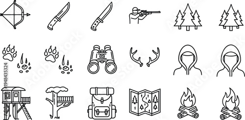 Hunting and camping outline icons set, forest survival gear symbols, bow knife rifle binoculars campfire vector outdoor adventure collection