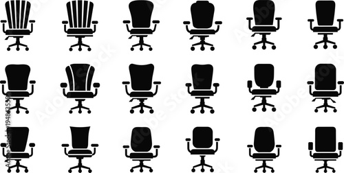 office, chair, silhouette, furniture, swivel, seat, ergonomic, workplace, corporate, desk, interior, seating, modern, design, collection, vector, illustration, isolated, black, set