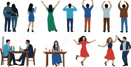 people, couple, friends, dancing, celebration, party, lifestyle, social, relationship, romance, happiness, together, activity, restaurant, drink, fun, illustration, character, vector, collection