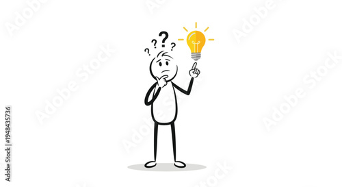 Stick figure thinking with question marks and lightbulb