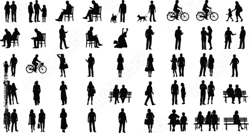 people, silhouettes, collection, men, women, couples, walking, sitting, talking, bicycle, dog, park, lifestyle, activity, community, social, isolated, black, characters, set