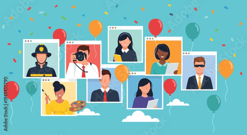 People from various professions celebrate together online remotely