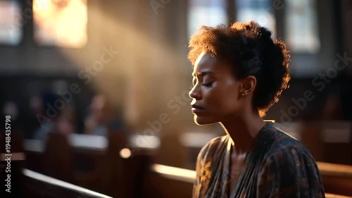 Faceless black woman from behind in a sunlit church interior seated in a pew in a posture of deep prayer warm sunlight streaming through a high window and illuminating the scene