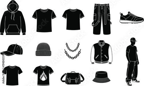 Streetwear fashion icons set, urban clothing collection hoodie t shirt sneakers caps accessories, casual style apparel vector illustration