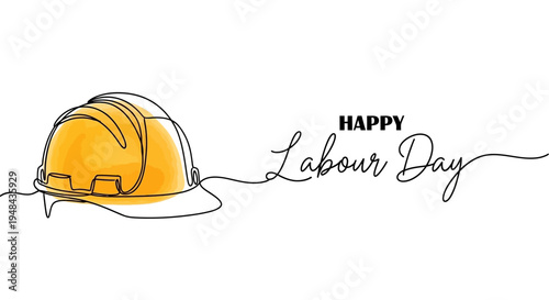 A simple line drawing of a yellow hard hat with Happy Labour Day text