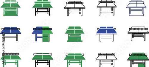 Table tennis ping pong table icons set, sport equipment symbols, game table variations, recreational indoor sport vector illustration collection