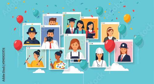 A vibrant collage of diverse professionals and people in various occupations with balloons and confetti