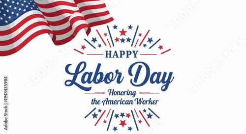 American workers celebrate Labor Day with patriotic illustrations and flags waving