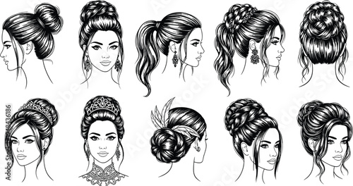 woman, hairstyle, updo, bun, ponytail, beauty, hair, fashion, salon, elegant, bridal, female, portrait, glamour, style, collection, design, illustration, model, vector