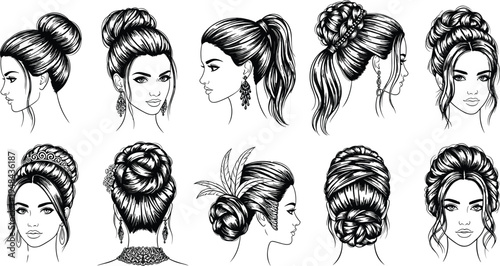 woman, hairstyle, bun, updo, beauty, hair, fashion, portrait, salon, style, elegant, bridal, female, illustration, collection, design, glamour, model, sketch, vector