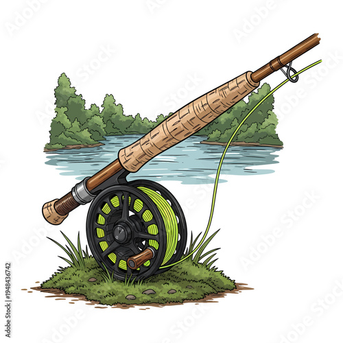 Fly fishing rod and reel with green line on grass with river and forest background illustration