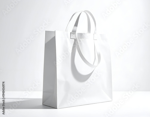 A pristine white paper shopping bag with handles on a white surface