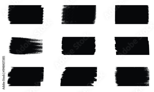 Collection of nine different textured black paint brush stroke shapes isolated on transparent background