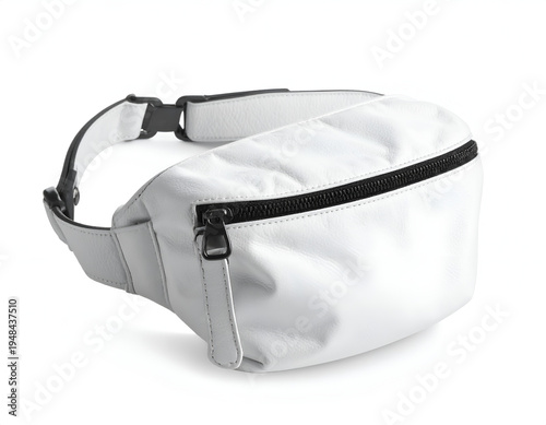 White leather pouch with adjustable strap and black zipper detail