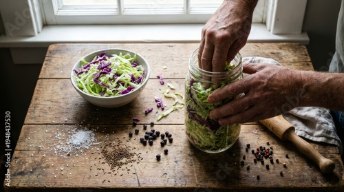 Hands Packing Fresh Cabbage into Glass Jar for Fermentation. Represents gut health, microbiome, homemade probiotics, and organic food.