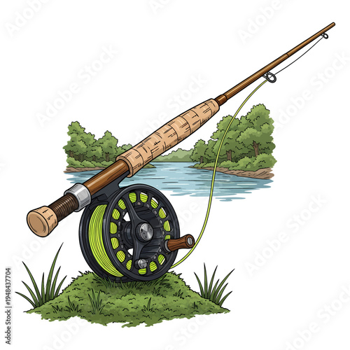 Fly fishing rod and reel with green line on grass with river and forest background illustration